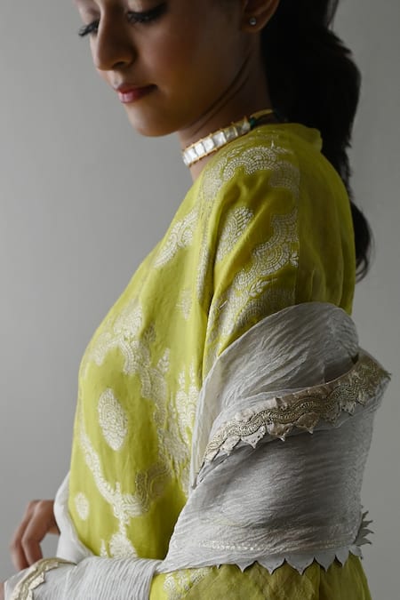 Shop_Shorshe Clothing_Green Brocade, Tissue, Silk, Linen Embroidery Shahi Tunic With Cigarette Pant 