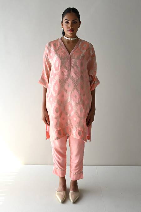Shorshe Clothing_Pink Brocade, Tissue, Silk Embroidery Shahi Floral Tunic With Cigarette Pant _Online_at_Aza_Fashions