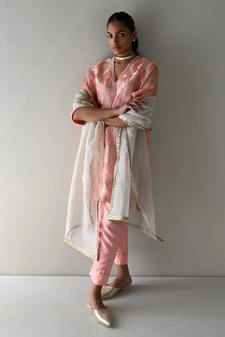 Buy_Shorshe Clothing_Pink Brocade, Tissue, Silk Embroidery Shahi Floral Tunic With Cigarette Pant _Online_at_Aza_Fashions
