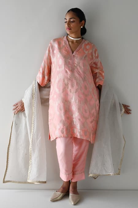 Shop_Shorshe Clothing_Pink Brocade, Tissue, Silk Embroidery Shahi Floral Tunic With Cigarette Pant _Online_at_Aza_Fashions