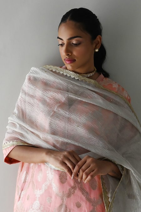 Shorshe Clothing_Pink Brocade, Tissue, Silk Embroidery Shahi Floral Tunic With Cigarette Pant _at_Aza_Fashions