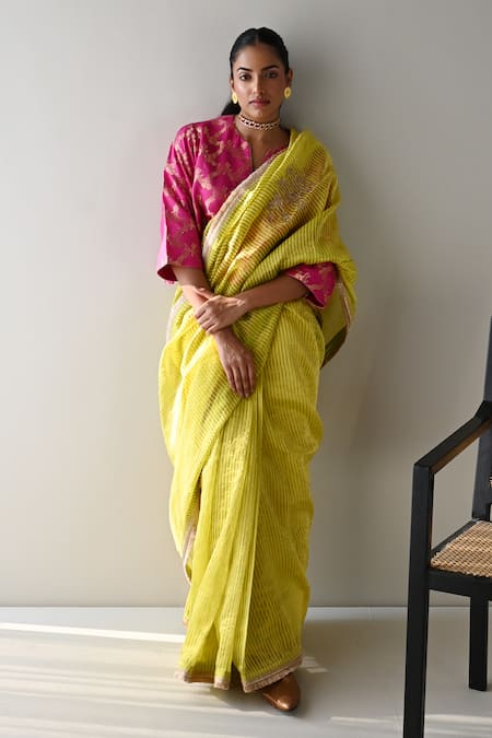 Shop_Shorshe Clothing_Green Chanderi, Tissue Cut Work, Embroidery Sameena Stripe Pattern And Saree _at_Aza_Fashions