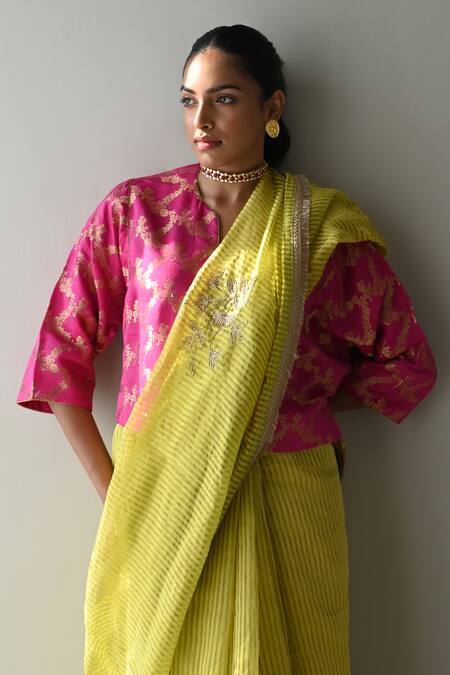 Shorshe Clothing_Green Chanderi, Tissue Cut Work, Embroidery Sameena Stripe Pattern And Saree _Online_at_Aza_Fashions