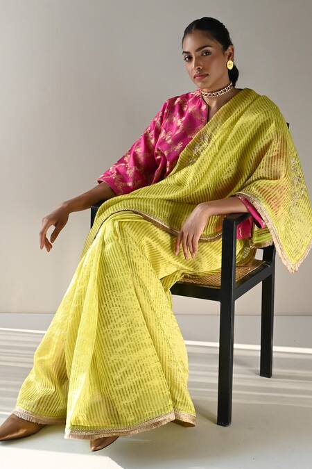 Buy_Shorshe Clothing_Green Chanderi, Tissue Cut Work, Embroidery Sameena Stripe Pattern And Saree _Online_at_Aza_Fashions