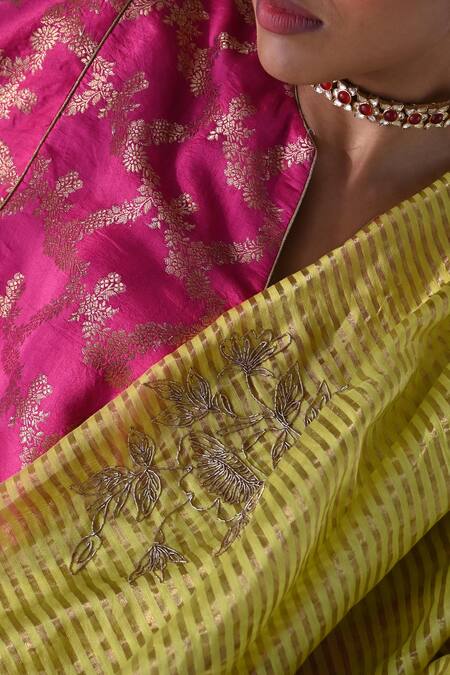 Shop_Shorshe Clothing_Green Chanderi, Tissue Cut Work, Embroidery Sameena Stripe Pattern And Saree _Online_at_Aza_Fashions