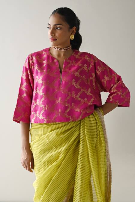 Shorshe Clothing_Green Chanderi, Tissue Cut Work, Embroidery Sameena Stripe Pattern And Saree _at_Aza_Fashions