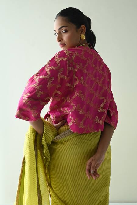 Buy_Shorshe Clothing_Green Chanderi, Tissue Cut Work, Embroidery Sameena Stripe Pattern And Saree 