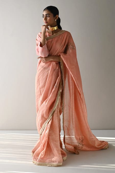 Shorshe Clothing Pink Chanderi And Tissue Stripes Embroidery Floral Sameena & Pattern Saree 