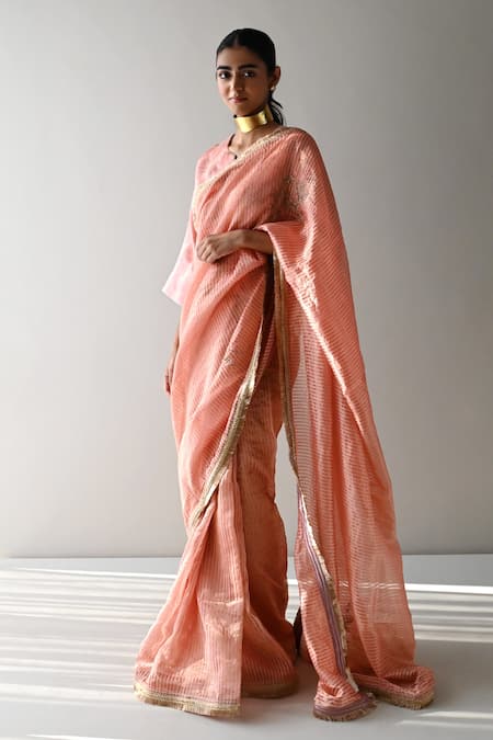 Shorshe Clothing_Pink Chanderi, Tissue Embroidery Sameena And Stripe Pattern Saree _Online_at_Aza_Fashions