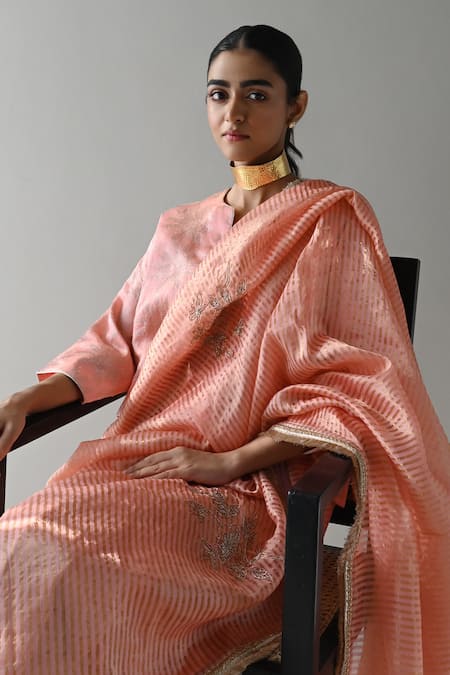 Shop_Shorshe Clothing_Pink Chanderi, Tissue Embroidery Sameena And Stripe Pattern Saree _Online_at_Aza_Fashions