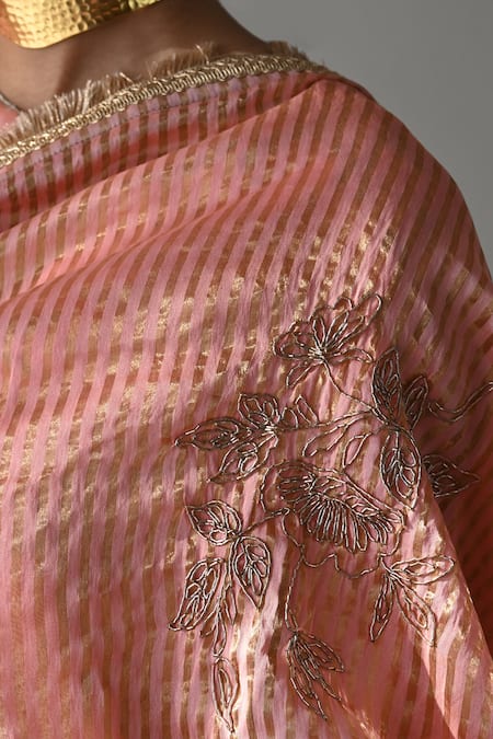 Shorshe Clothing_Pink Chanderi, Tissue Embroidery Sameena And Stripe Pattern Saree _at_Aza_Fashions