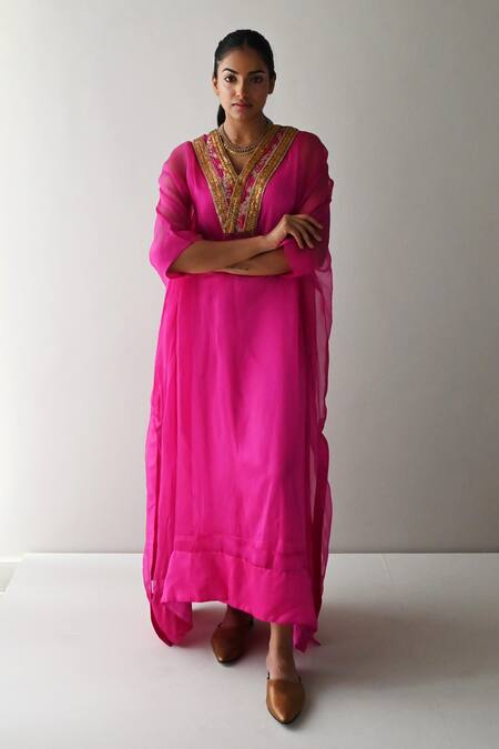 Shorshe Clothing_Pink Organza, Satin Zari V-neck Wahida Hand Embroidered Yoke Kaftan _Online_at_Aza_Fashions