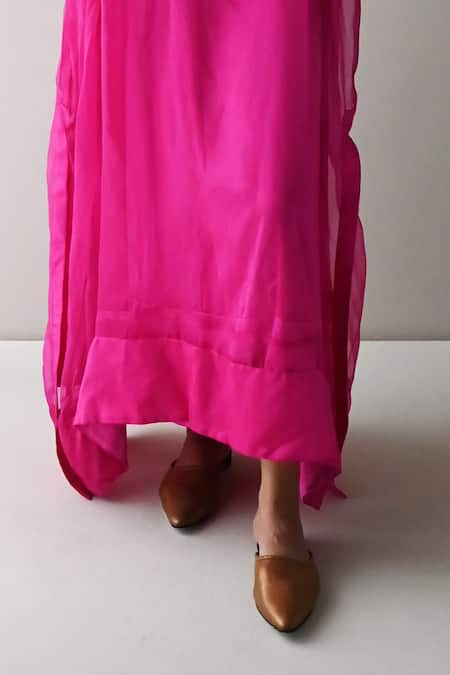 Buy_Shorshe Clothing_Pink Organza, Satin Zari V-neck Wahida Hand Embroidered Yoke Kaftan _Online_at_Aza_Fashions