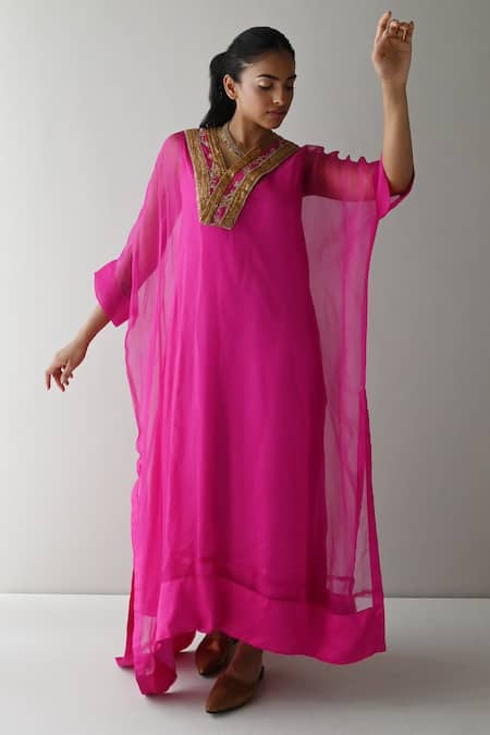Shop_Shorshe Clothing_Pink Organza, Satin Zari V-neck Wahida Hand Embroidered Yoke Kaftan _Online_at_Aza_Fashions