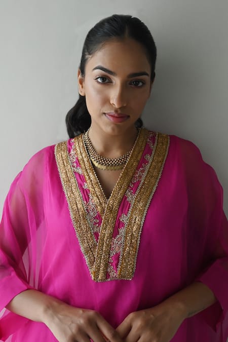 Shorshe Clothing_Pink Organza, Satin Zari V-neck Wahida Hand Embroidered Yoke Kaftan _at_Aza_Fashions