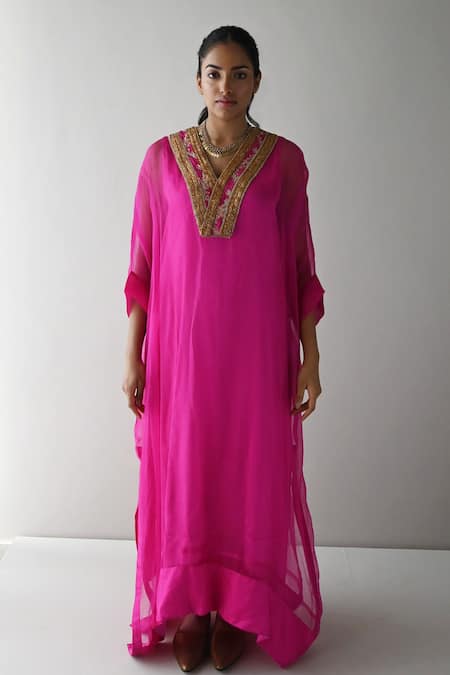 Buy_Shorshe Clothing_Pink Organza, Satin Zari V-neck Wahida Hand Embroidered Yoke Kaftan 