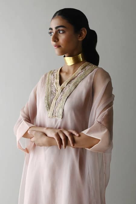 Shop Shorshe Clothing Beige Organza, Satin Zari V-neck Wahida Embroidered Yoke Kaftan Online at Aza Fashions Shop_Shorshe Clothing_Beige Organza, Satin Zari V-neck Wahida Embroidered Yoke Kaftan _Online_at_Aza_Fashions