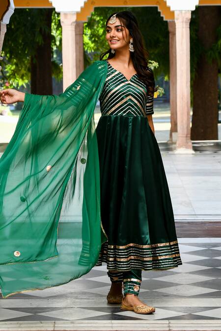 Buy_Suti Kapda_Green Silk, Satin Embroidery, Gota Patti V-neck Stripe Detailed Anarkali Set_Online_at_Aza_Fashions