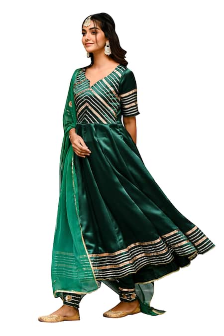 Shop_Suti Kapda_Green Silk, Satin Embroidery, Gota Patti V-neck Stripe Detailed Anarkali Set_Online_at_Aza_Fashions