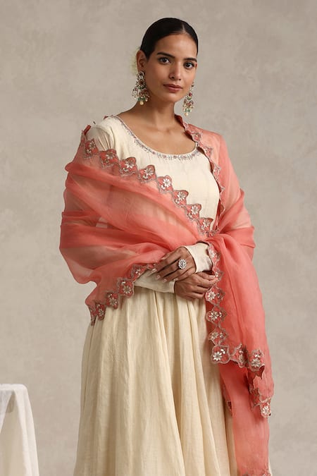 Weaver Story_Off White Tissue, Cotton, Lycra, Organza Embroidery, Hand Work Anarkali Set _Online_at_Aza_Fashions