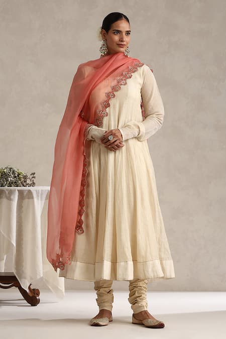 Buy_Weaver Story_Off White Tissue, Cotton, Lycra, Organza Embroidery, Hand Work Anarkali Set _Online_at_Aza_Fashions
