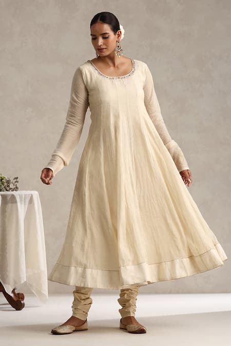Shop_Weaver Story_Off White Tissue, Cotton, Lycra, Organza Embroidery, Hand Work Anarkali Set _Online_at_Aza_Fashions