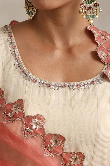 Weaver Story_Off White Tissue, Cotton, Lycra, Organza Embroidery, Hand Work Anarkali Set _at_Aza_Fashions