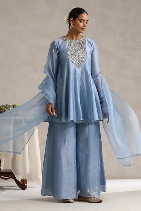 Weaver Story_Blue Chanderi, Organza Embroidery, Sequins, Gota Hand Pure Kurta Sharara Set _Online_at_Aza_Fashions