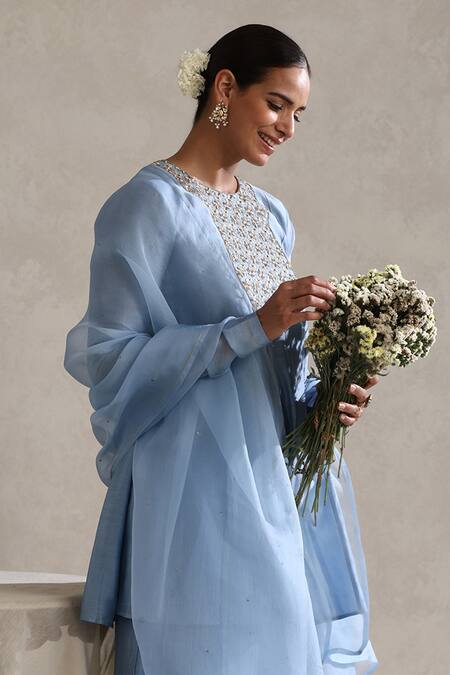 Buy_Weaver Story_Blue Chanderi, Organza Embroidery, Sequins, Gota Hand Pure Kurta Sharara Set _Online_at_Aza_Fashions
