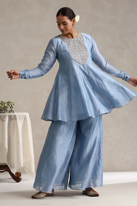 Shop_Weaver Story_Blue Chanderi, Organza Embroidery, Sequins, Gota Hand Pure Kurta Sharara Set _Online_at_Aza_Fashions