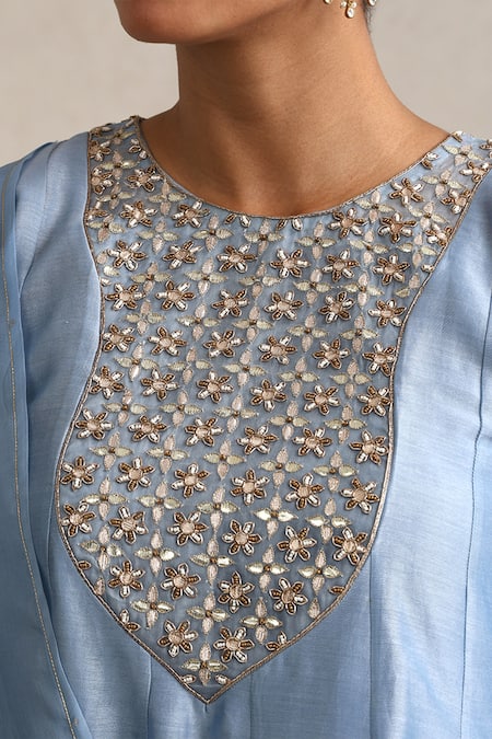 Weaver Story_Blue Chanderi, Organza Embroidery, Sequins, Gota Hand Pure Kurta Sharara Set _at_Aza_Fashions