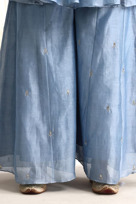 Buy_Weaver Story_Blue Chanderi, Organza Embroidery, Sequins, Gota Hand Pure Kurta Sharara Set 