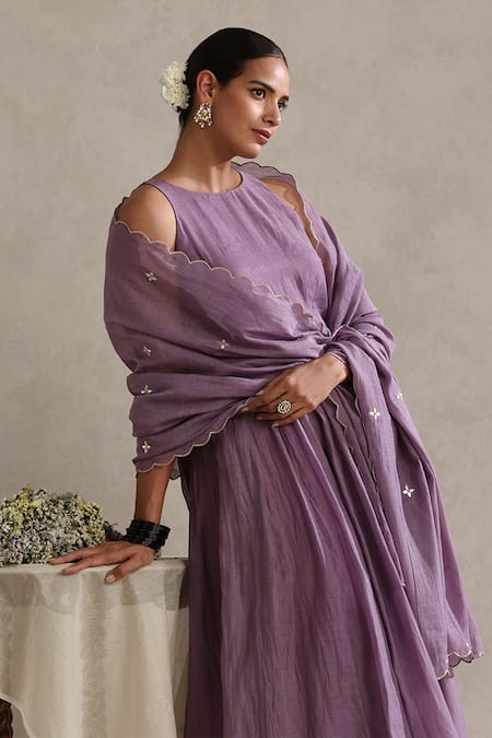 Buy_Weaver Story_Purple Chanderi, Cotton Embroidery, Gota Patti Halter Neck Hand Anarkali Set _Online_at_Aza_Fashions