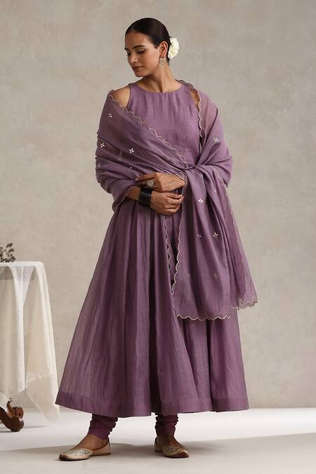 Shop_Weaver Story_Purple Chanderi, Cotton Embroidery, Gota Patti Halter Neck Hand Anarkali Set _Online_at_Aza_Fashions