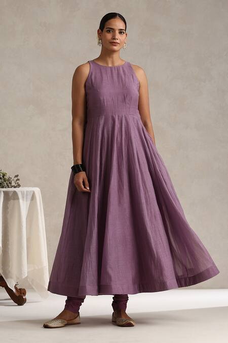 Weaver Story_Purple Chanderi, Cotton Embroidery, Gota Patti Halter Neck Hand Anarkali Set _at_Aza_Fashions