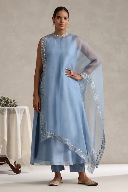 Weaver Story Blue Kurta And Pant Chanderi Hand Embroidered Gota Patti Boat & Work Cape Set 