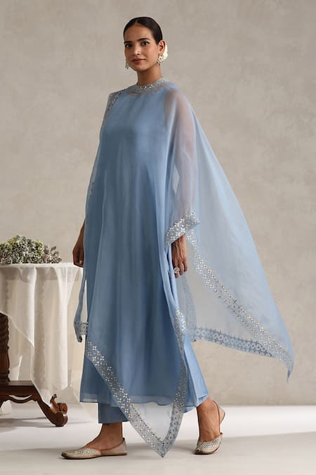 Weaver Story_Blue Chanderi, Organza Gota Patti Boat Hand Embroidered Kurta And Work Cape Set _Online_at_Aza_Fashions