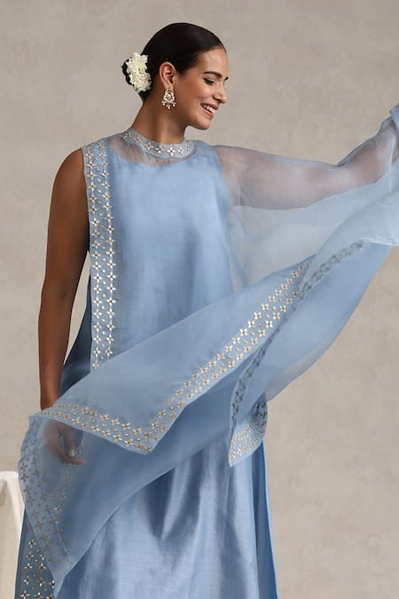 Buy_Weaver Story_Blue Chanderi, Organza Gota Patti Boat Hand Embroidered Kurta And Work Cape Set _Online_at_Aza_Fashions