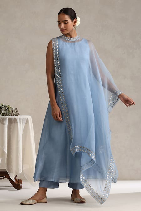 Shop_Weaver Story_Blue Chanderi, Organza Gota Patti Boat Hand Embroidered Kurta And Work Cape Set _Online_at_Aza_Fashions