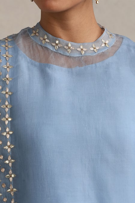 Weaver Story_Blue Chanderi, Organza Gota Patti Boat Hand Embroidered Kurta And Work Cape Set _at_Aza_Fashions