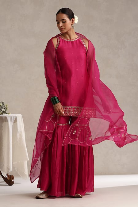 Weaver Story Fuchsia Kurta And Gharara Chanderi Hand Embroidered Gota Patti Halter Work Set 