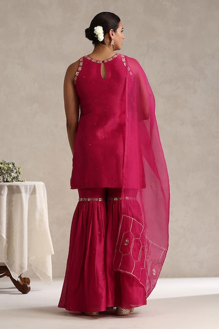 Shop_Weaver Story_Fuchsia Chanderi, Organza Embroidery, Gota Patti Halter Work Kurta Gharara Set _at_Aza_Fashions
