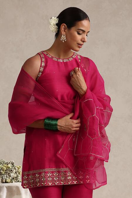 Weaver Story_Fuchsia Chanderi, Organza Embroidery, Gota Patti Halter Work Kurta Gharara Set _Online_at_Aza_Fashions