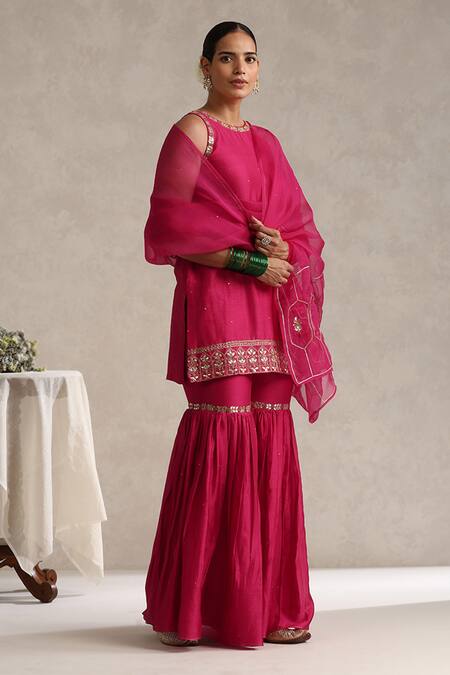 Buy_Weaver Story_Fuchsia Chanderi, Organza Embroidery, Gota Patti Halter Work Kurta Gharara Set _Online_at_Aza_Fashions