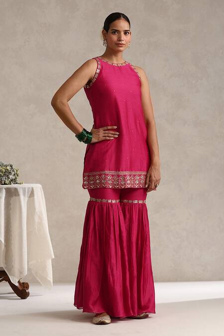 Shop_Weaver Story_Fuchsia Chanderi, Organza Embroidery, Gota Patti Halter Work Kurta Gharara Set _Online_at_Aza_Fashions