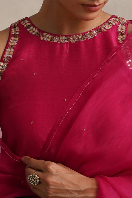 Weaver Story_Fuchsia Chanderi, Organza Embroidery, Gota Patti Halter Work Kurta Gharara Set _at_Aza_Fashions