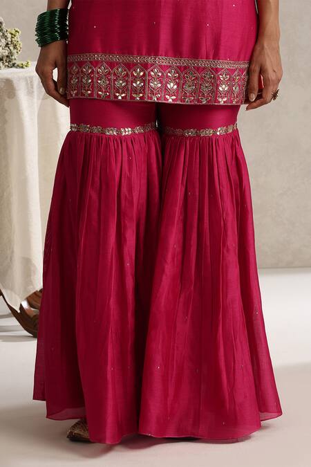 Buy_Weaver Story_Fuchsia Chanderi, Organza Embroidery, Gota Patti Halter Work Kurta Gharara Set 