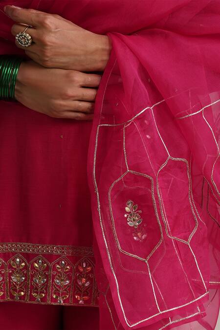 Shop_Weaver Story_Fuchsia Chanderi, Organza Embroidery, Gota Patti Halter Work Kurta Gharara Set 