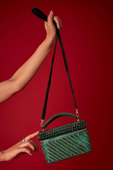 FOREVER NOOR Green Sequin Laura Stone And Embellished Cube Bag 