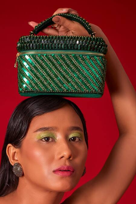 Shop_Forever Noor_Green Sequin Laura Stone And Embellished Cube Bag _Online_at_Aza_Fashions